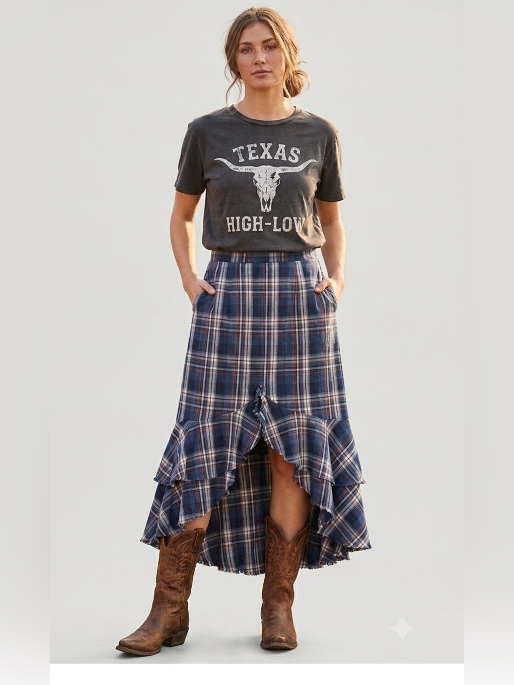 Reba Navy Plaid High-Low Ruffle Midi Skirt size 8 vintage